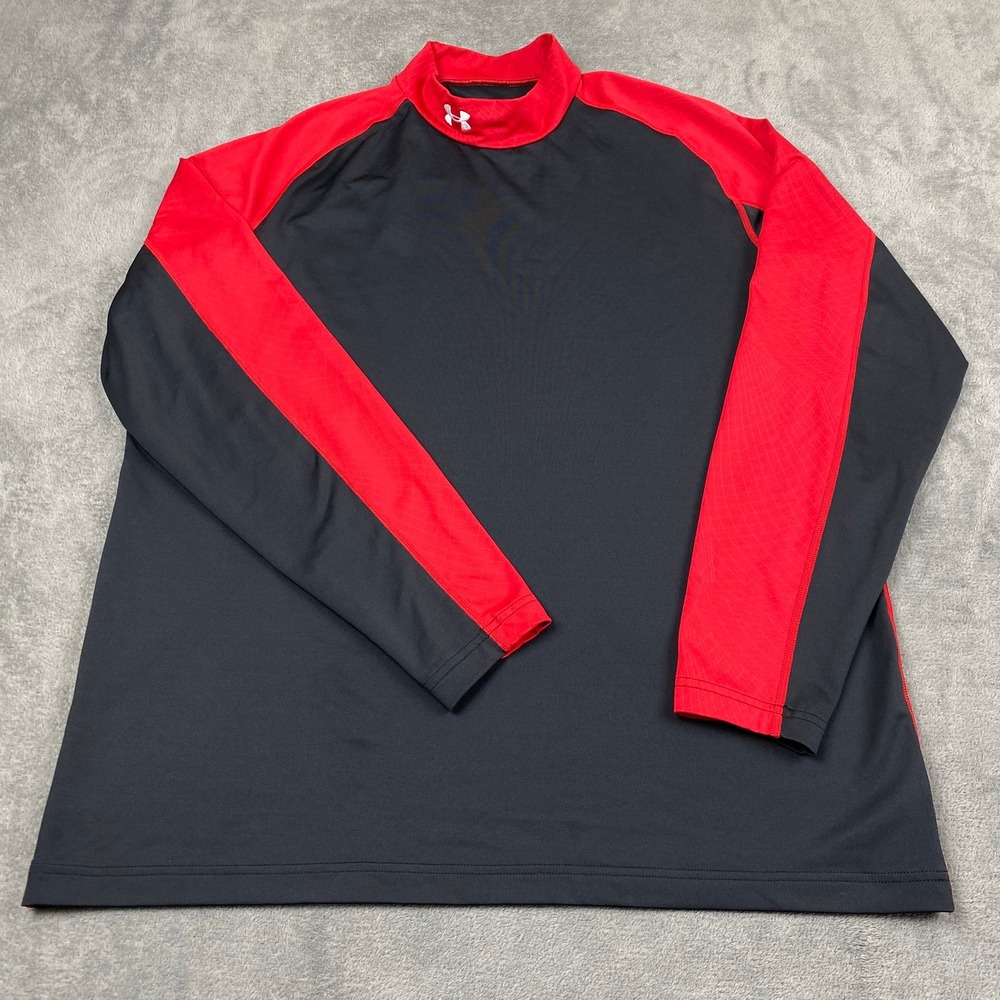 Under Armour Mens 2XL ColdGear Mock Neck Shirt Black Red Fitted Long Sleeve